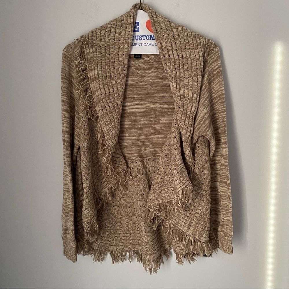 Style & Co Women’s Shawl Neck Fringe Details Long Sleeve Open Front Tan Cardigan